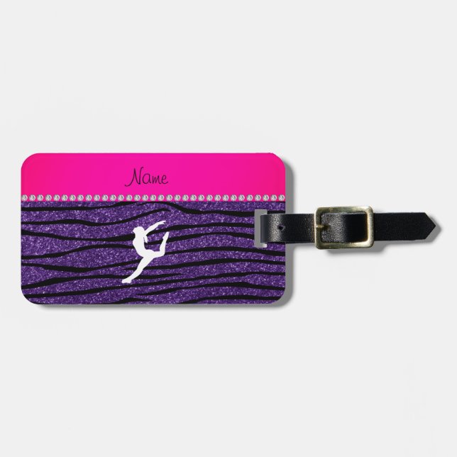 Name gymnast purple glitter zebra stripes luggage tag (Front Horizontal)