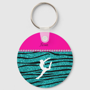 Name gymnast turquoise glitter zebra stripes key ring