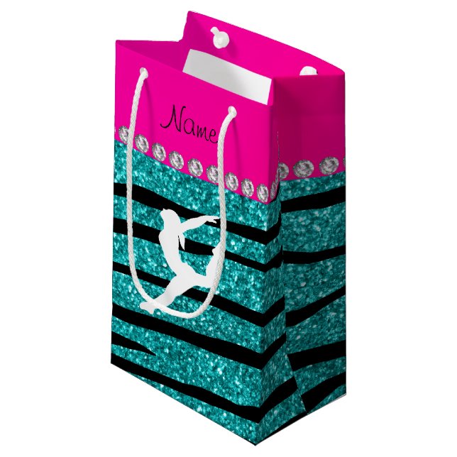 Name gymnast turquoise glitter zebra stripes small gift bag (Front Angled)