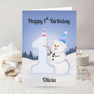 Name Happy 1st Birthday Snowman Building One Card