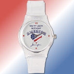 Name, Happy 250th Birthday America Clear Silicone Watch<br><div class="desc">This sporty 80s style watch with durable clear silicone buckle strap features "Happy 250th Birthday America, heart shape rustic USA flag motif, handwritten name all in dark blue and small subtle numbers in red. These were called "Jelly watches" in the 80s. Easily change or remove the name using the Design...</div>