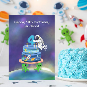 Name Happy 4th Birthday Astronaut with Cake Card