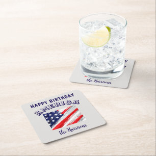 Name    Happy Birthday America Rustic USA Flag Square Paper Coaster