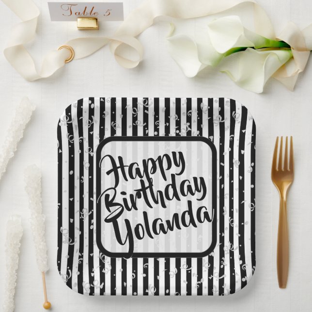 Name Happy Birthday Black White Stripes Pattern Paper Plate (Wedding)