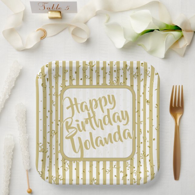 Name Happy Birthday Gold White Stripes Pattern Paper Plate (Wedding)