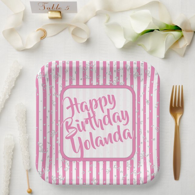 Name Happy Birthday Pink Simple Stripes Pattern Paper Plate (Wedding)