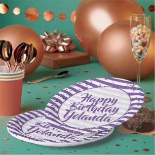 Name Happy Birthday Purple Simple Stripes Pattern Paper Plate
