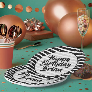 Name   Happy Birthday Simple Stripes Pattern Black Paper Plate