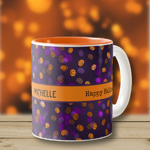 Name, Happy Halloween Jack o Lantern Pumpkins 11oz Two-Tone Coffee Mug