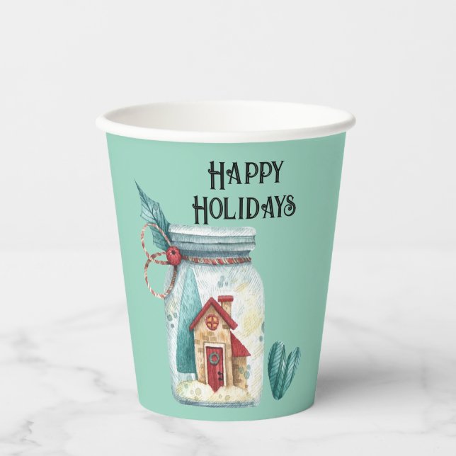 Name, Happy Holidays Magic House Mason Jar 8oz Paper Cups (Front)