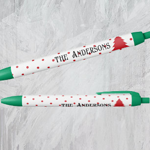 Name Holiday Green Trim, Red Polka Dots & Tree Black Ink Pen