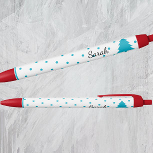 Name Holiday Red Trim, Blue Polka Dots, Tree Black Ink Pen