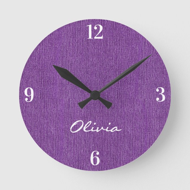 Name || Home Office Pretty Purple Denim Print 8-in Round Clock (Front)