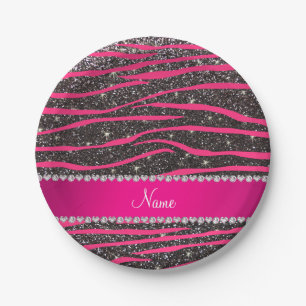 Name hot pink zebra stripes dark grey glitter paper plate