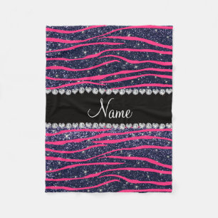 Name hot pink zebra stripes navy blue glitter fleece blanket