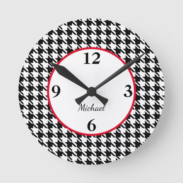 Name, Houndstooth Pattern Red Accent Acrylic Round Clock (Front)