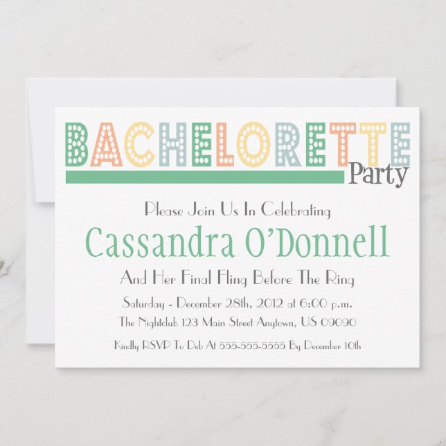 Name In Lights Bachelorette Party Invites (Green) (Front)