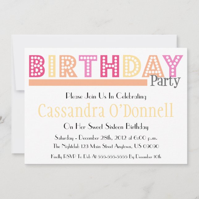 Name In Lights Birthday Party Invitations (Orange) (Front)