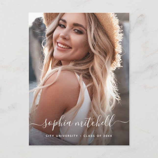 Name in Script | Blush Pink Photo Graduation Invitation Postcard (Front)