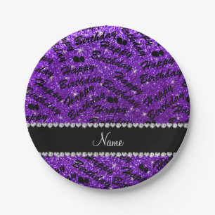 Name indigo purple glitter happy birthday balloons paper plate