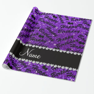 Name indigo purple glitter happy birthday balloons wrapping paper