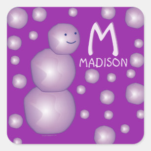 Name Initial 3D Ball Moon Purple Snowman Dots Cute Square Sticker