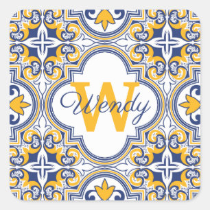 💙💛 Name + initial Azulejos Square Sticker