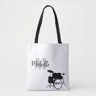 name, initial & black Drums music tote bag
