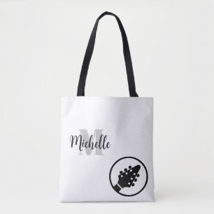 name, initial & black treble clef music tote bag