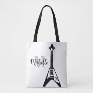 name, initial & black treble clef music tote bag