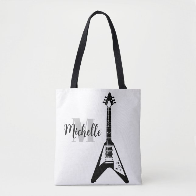 name, initial & black treble clef music tote bag (Front)