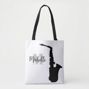 name, initial & black treble clef music tote bag