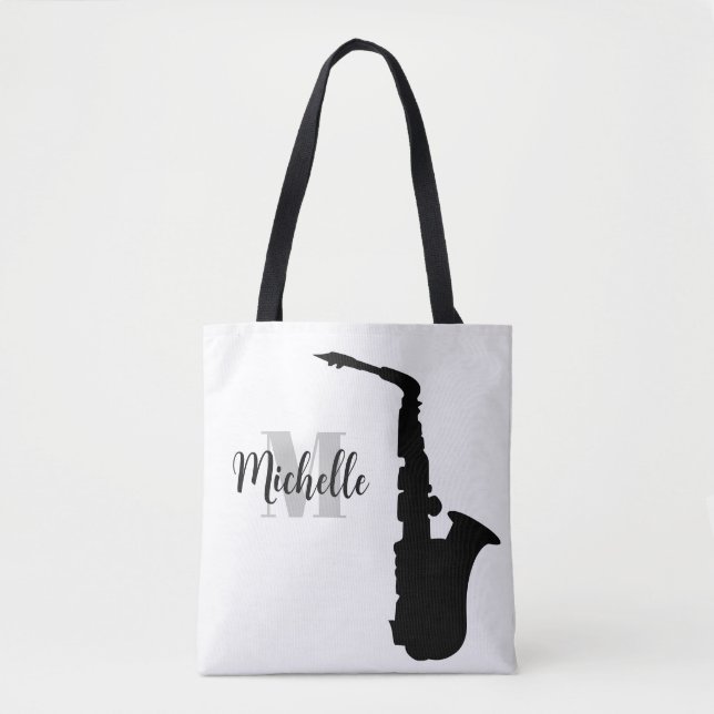 name, initial & black treble clef music tote bag (Front)