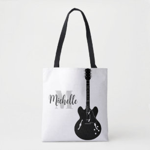 name, initial & black treble clef music tote bag
