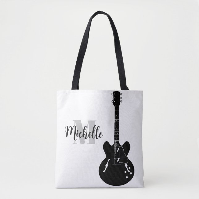 name, initial & black treble clef music tote bag (Front)