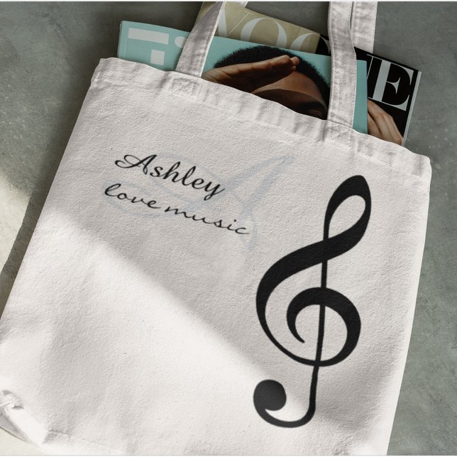 Name, initial & black treble clef music tote bag (🖤 music)