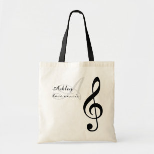 name, initial & black treble clef music tote bag