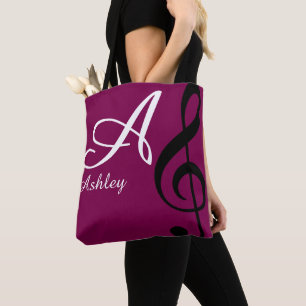 Name, initial & black treble clef wine music tote bag