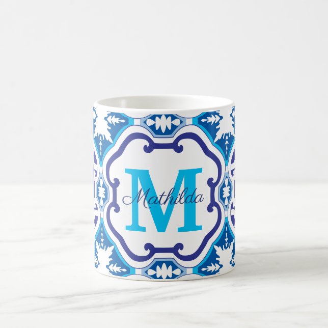 💙  Name + Initial blue Azulejos 004   Coffee Mug (Center)