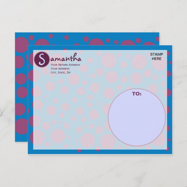 Name Initial Blue Purple Polka Dots Moons Circles  Postcard (Front/Back)
