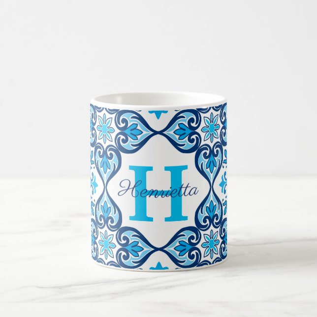 💙🤍 Name + initial blue - white Azulejos X,   Coffee Mug (Center)