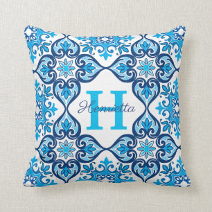 💙🤍 Name + initial blue - white Azulejos X,  Cushion