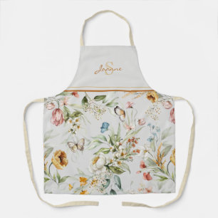 Name Initial Elegant Watercolor Wildflowers Apron