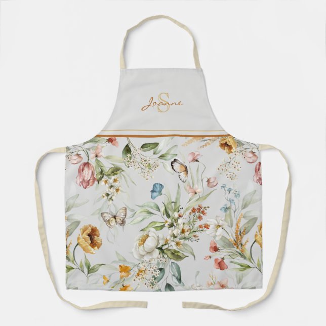Name Initial Elegant Watercolor Wildflowers Apron (Front)