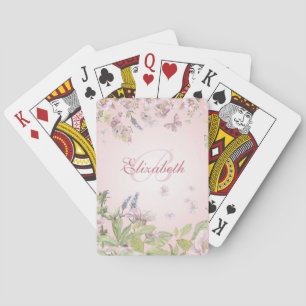 Name + Initial Girly Pink Wildflowers + Butterfly Playing Cards