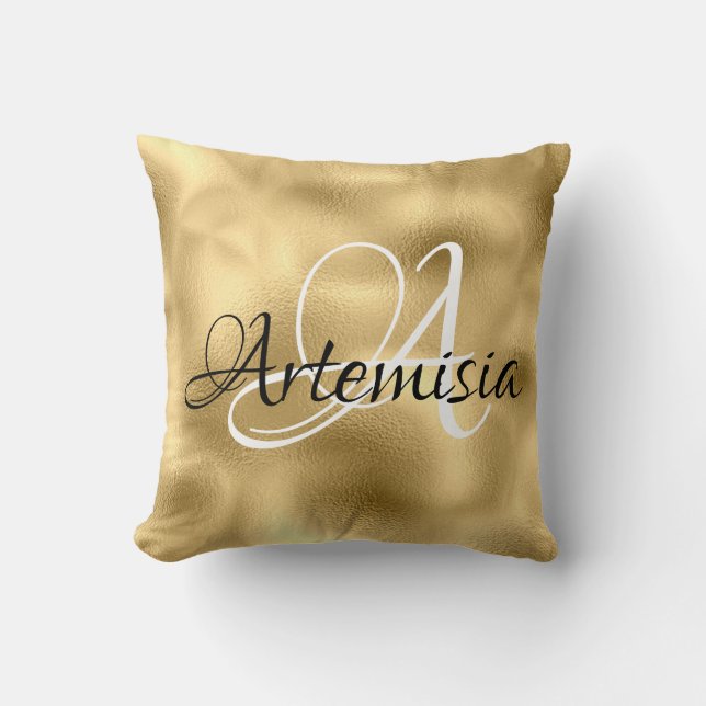 Name Initial Glass Gold Metallic Glass Faux Sepia Cushion (Front)