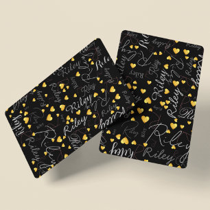 Name Initial & Gold Hearts Black Playing Cards