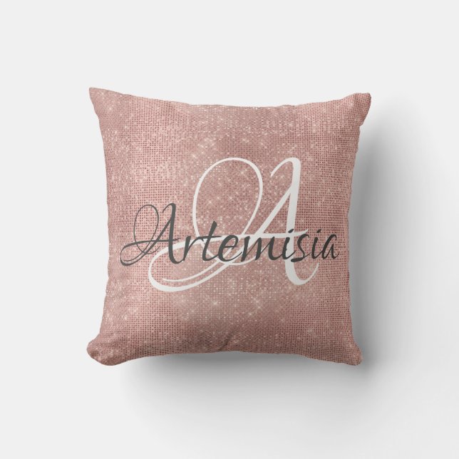 Name Initial Grey Rose Gold Blush Spark Brushed Cushion (Front)