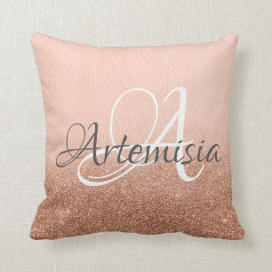 Name Initial Pink Rose Gold Glitter Ombre Grey Cushion