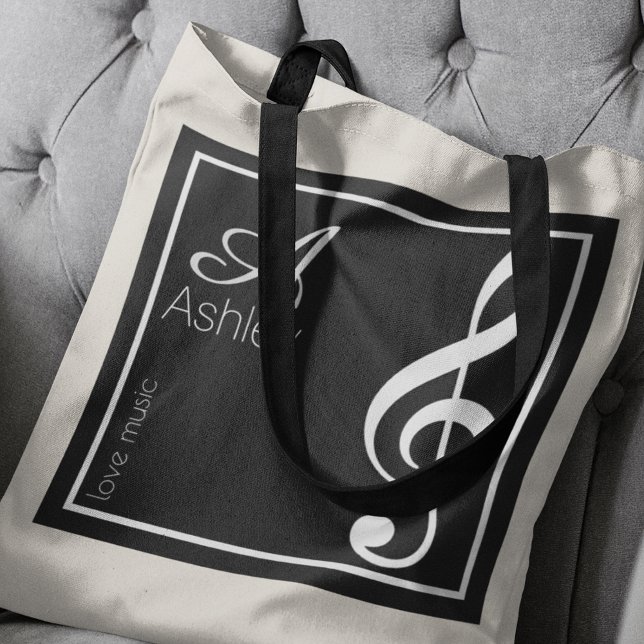 Name, Initial & White Treble Clef, Music Black Tote Bag (❤ music)